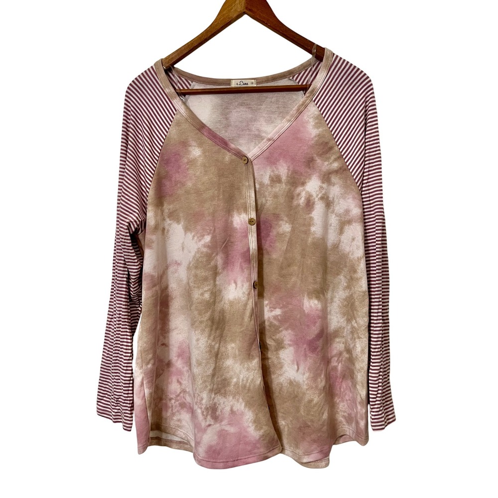 E Luna‎ Womens 1X Plus Pink Tie Dye Button Up Long Sleeve Raglan Shirt Jersey